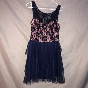 Knee length dark blue and salmon pink dress